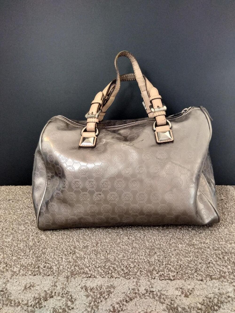Michael Kors Grayson Mirror Satchel Bag Mettallic Logo Embossed Barrel Silver